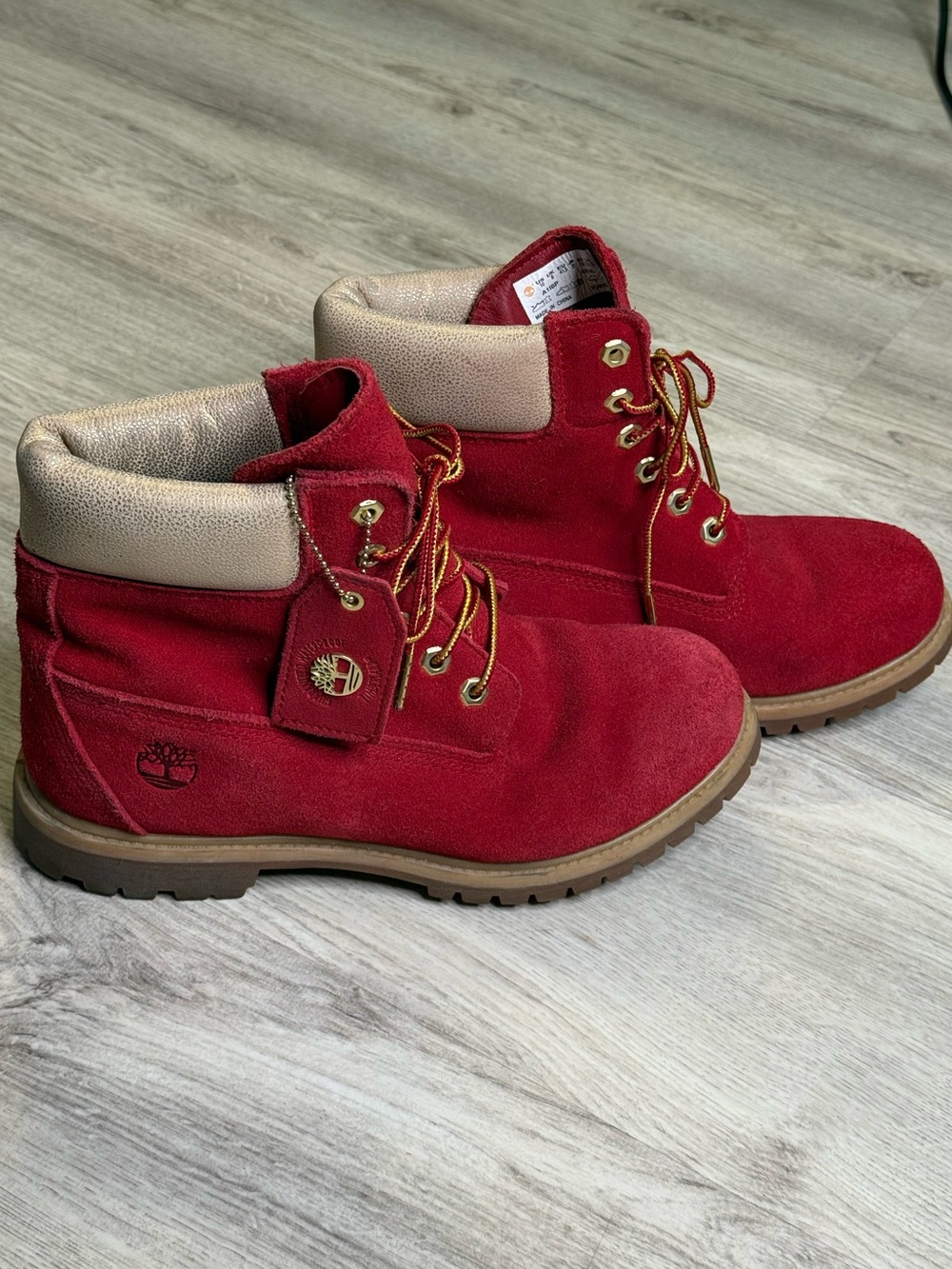 LIMITED RELEASE “Nice” Red and Gold Timberland Women’s Boots - Size 10
